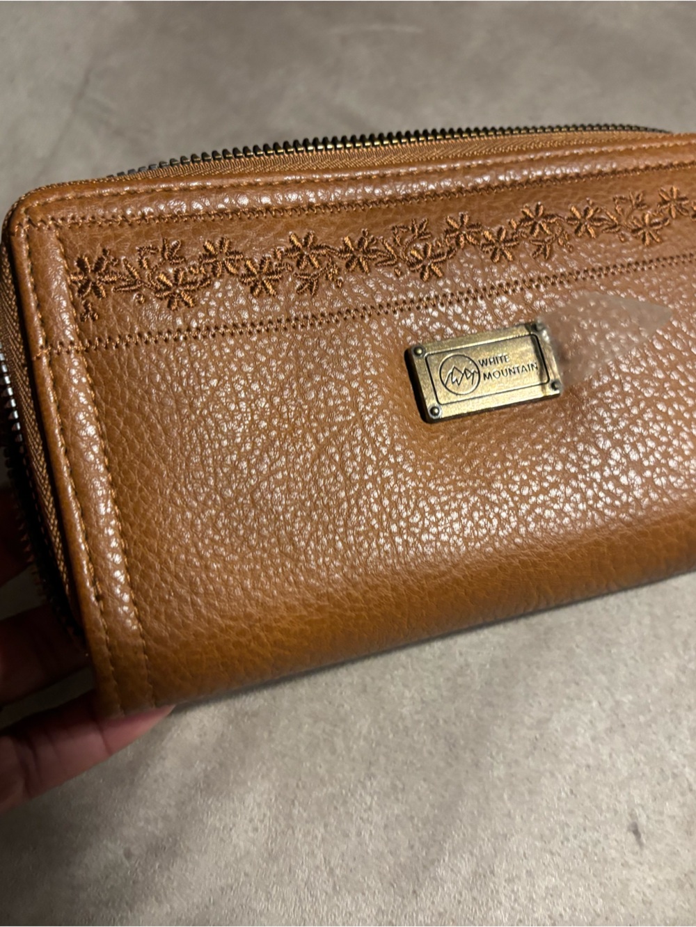 White Mountain Cognac Floral Embroidered Zip Around Wallet Protective Film